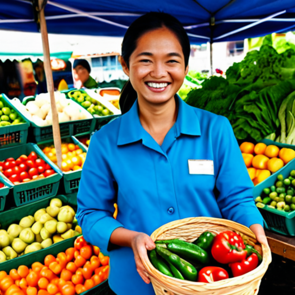 A professional Malaysian organic farmer, fully clothed in modest business-casual attire, standing proudly beside a vibrant display of fresh organic produce at a bustling local farmer's market. She is warmly interacting with a satisfied customer, who is also fully clothed in appropriate attire, smiling genuinely while holding a basket of vegetables. In the background, an official organic certification badge is clearly visible, signifying trust and quality. The scene is well-lit, conveying a sense of community, value, and professionalism. perfect anatomy, correct proportions, natural pose, well-formed hands, proper finger count, natural body proportions, professional photography, high quality, safe for work, appropriate content, fully clothed, professional.