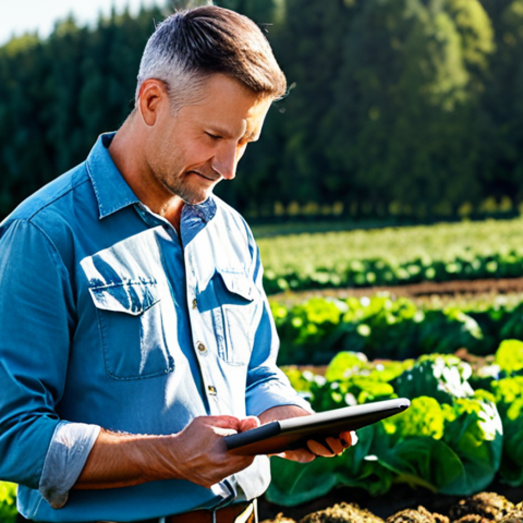 A professional male agricultural expert in a modest, practical farming shirt and pants, meticulously reviewing a digital tablet displaying MyGAP Organic standards in a thriving, sunlit organic farm. Rows of healthy, pesticide-free vegetables are visible in the background, showcasing sustainable practices and dedication to quality. Fully clothed, appropriate attire, safe for work, perfect anatomy, correct proportions, natural pose, well-formed hands, proper finger count, natural body proportions, professional photography, high quality, family-friendly.