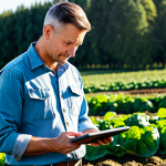 A professional male agricultural expert in a modest, practical farming shirt and pants, meticulously reviewing a digital tablet displaying MyGAP Organic standards in a thriving, sunlit organic farm. Rows of healthy, pesticide-free vegetables are visible in the background, showcasing sustainable practices and dedication to quality. Fully clothed, appropriate attire, safe for work, perfect anatomy, correct proportions, natural pose, well-formed hands, proper finger count, natural body proportions, professional photography, high quality, family-friendly.