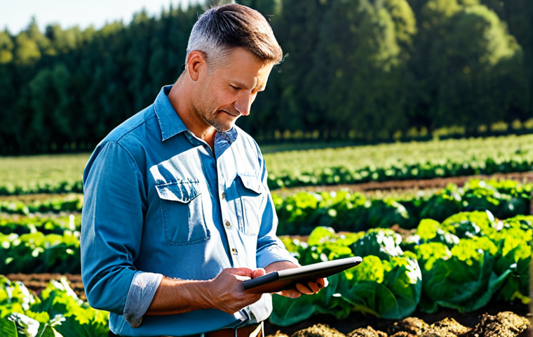 A professional male agricultural expert in a modest, practical farming shirt and pants, meticulously reviewing a digital tablet displaying MyGAP Organic standards in a thriving, sunlit organic farm. Rows of healthy, pesticide-free vegetables are visible in the background, showcasing sustainable practices and dedication to quality. Fully clothed, appropriate attire, safe for work, perfect anatomy, correct proportions, natural pose, well-formed hands, proper finger count, natural body proportions, professional photography, high quality, family-friendly.