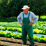 A professional organic farmer, fully clothed in practical, modest work attire, standing confidently amidst rows of vibrant green organic vegetables on a sunlit farm. The farmer is inspecting a healthy plant with a gentle, focused expression, showcasing dedication to sustainable agriculture. The background features well-maintained garden beds, lush foliage, and a clear blue sky, emphasizing natural farming practices. Perfect anatomy, correct proportions, natural pose, well-formed hands, proper finger count. Professional photography, high quality, realistic, safe for work, appropriate content, fully clothed, family-friendly.