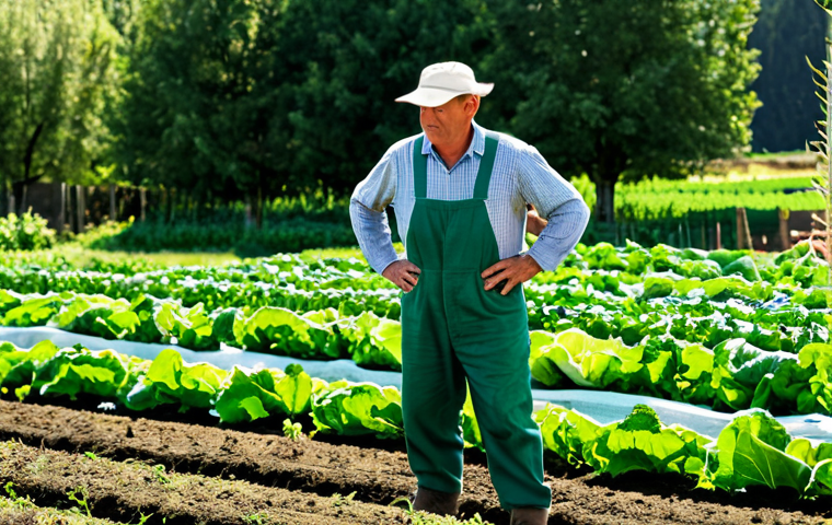 A professional organic farmer, fully clothed in practical, modest work attire, standing confidently amidst rows of vibrant green organic vegetables on a sunlit farm. The farmer is inspecting a healthy plant with a gentle, focused expression, showcasing dedication to sustainable agriculture. The background features well-maintained garden beds, lush foliage, and a clear blue sky, emphasizing natural farming practices. Perfect anatomy, correct proportions, natural pose, well-formed hands, proper finger count. Professional photography, high quality, realistic, safe for work, appropriate content, fully clothed, family-friendly.