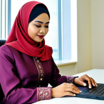 유기농업 실무 기술 교육 - A professional Malay businesswoman in a modest baju kurung, working on a laptop at a modern office d...