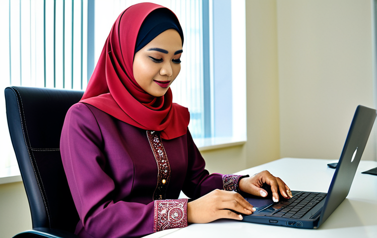 유기농업 실무 기술 교육 - A professional Malay businesswoman in a modest baju kurung, working on a laptop at a modern office d...